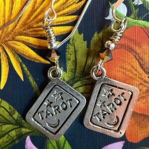 Handmade Earring Set Black Aura Crystal Witch & Sterling Silver Tarot Card
